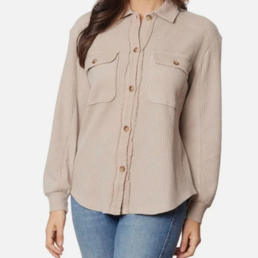 Briggs Women's Tan Waffle Button-Front Top Long Sleeve Small Pockets